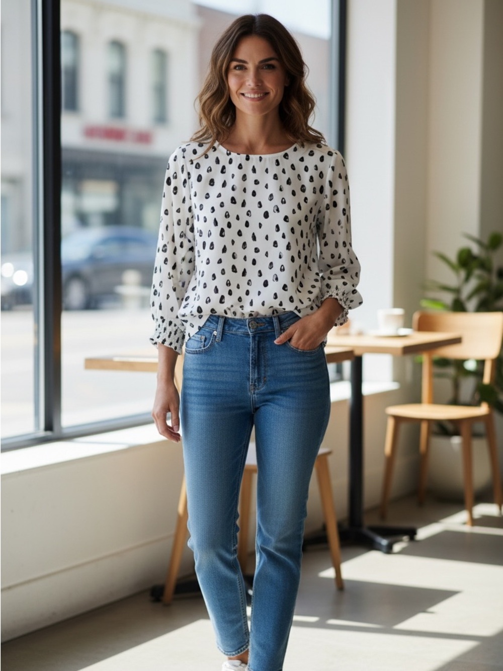 REITMANS  Black Dot Print on White Long Sleeve Blouse size small
